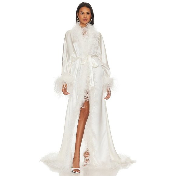 Retrofete Jackets & Blazers - Retrofete Juno Feather Robe in White Medium New Womens Satin Coat Jacket Maxi